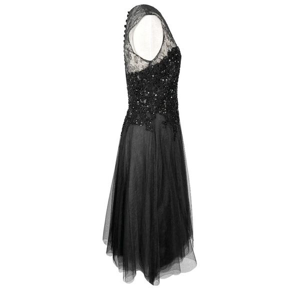 Reem Acra Black Lace Sequin Bodice Tulle Midi Dress- Size 6 - Picture 5 of 9